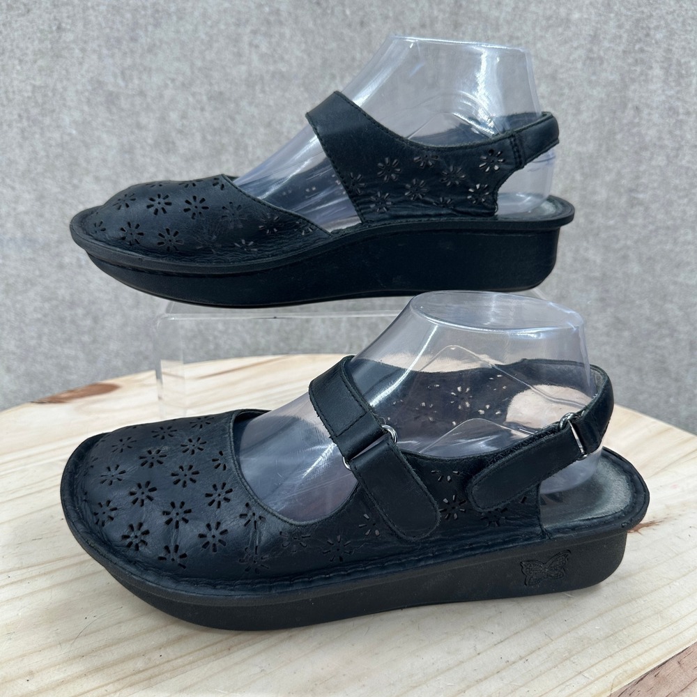 Alegria Jemma Sandals 8-8.5 Black Leather Laser Cut Floral Mary Jane JEM-711